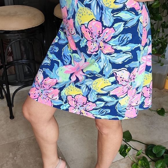 VEUC Sz M LP S/S Navy Pink Yellow Green Dress - Picture 10 of 11